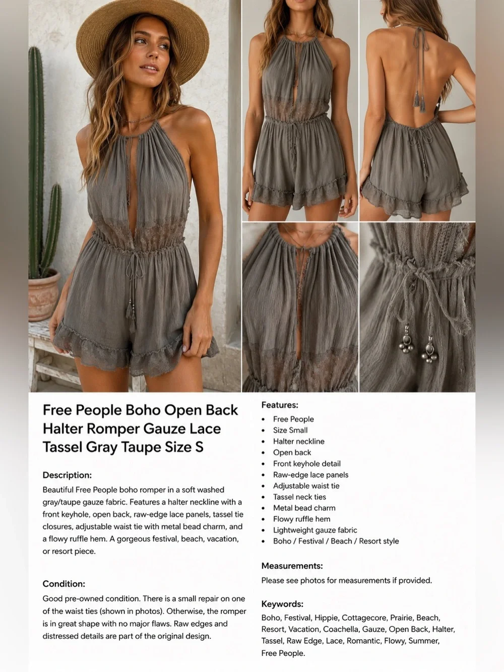 Free People Boho Open Back Halter Romper Gauze Lace Tassel Gray Taupe Size S